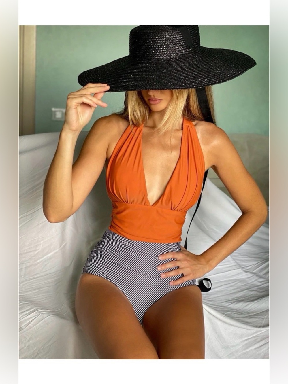 CUPSHE Orange Striped One Piece Halter Swimsuit Size Medium New!